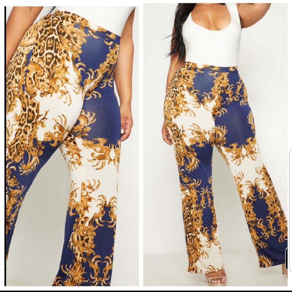 Navy, Cream, and Gold Stretchy Wide Leg Pants